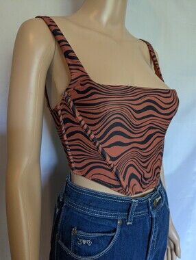 Out From Under Lovestruck Micro Corset Top Tiger Stripe Brown Black S